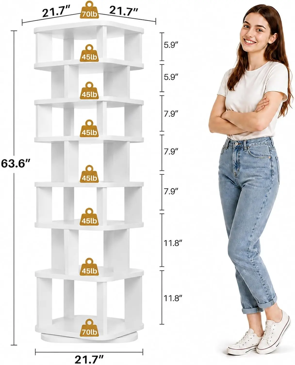 7 Tier Wood Rotating Shoe Rack Tower, White | Square Corner Spinning Organizer, Multi-Height Tiers, Revolving 360 Lazy Susan, Fo