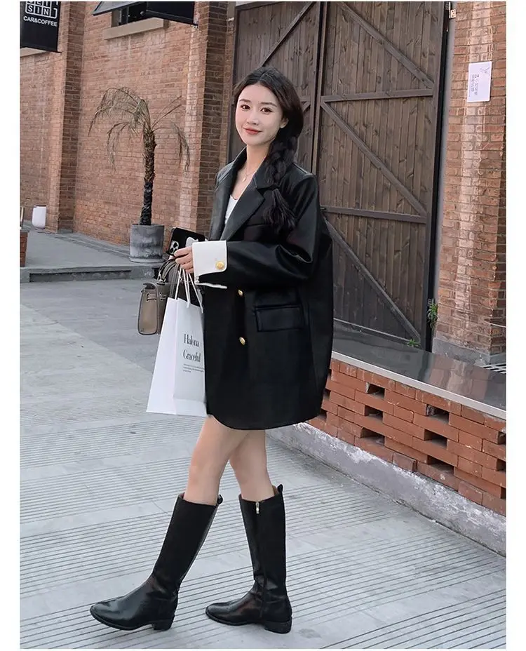 Chaqueta de cuero PU negra de alta gama para mujer, versión coreana de primavera y otoño 2025, diseño suelto e informal, traje bloqueado de Color T