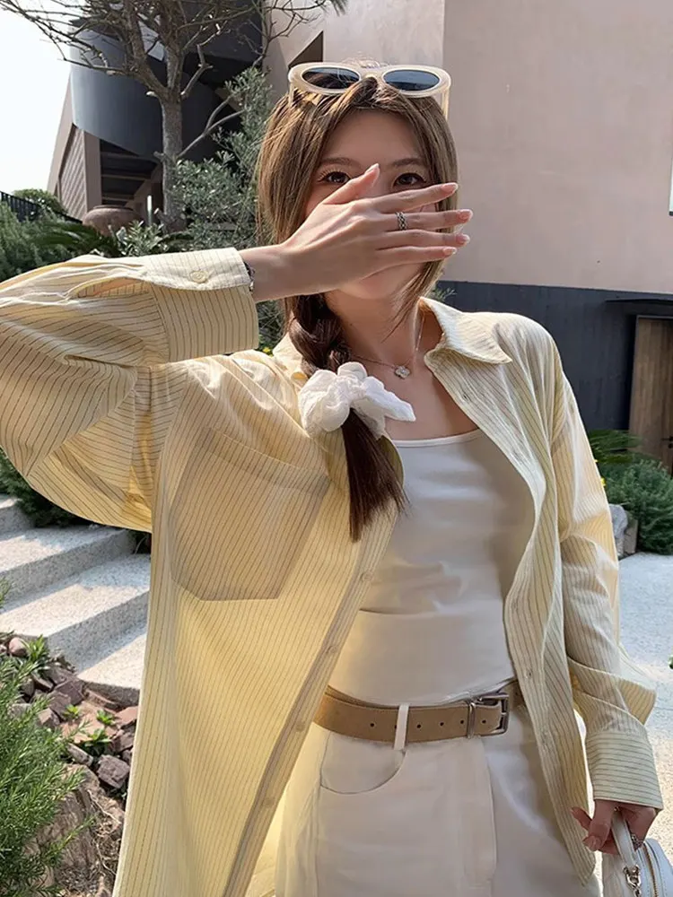 

Sun Protection Light Weight Loose Women's Shirt with Sleeveless Dress Outer Cover Summer Casual Style Top Striped Pattern But...