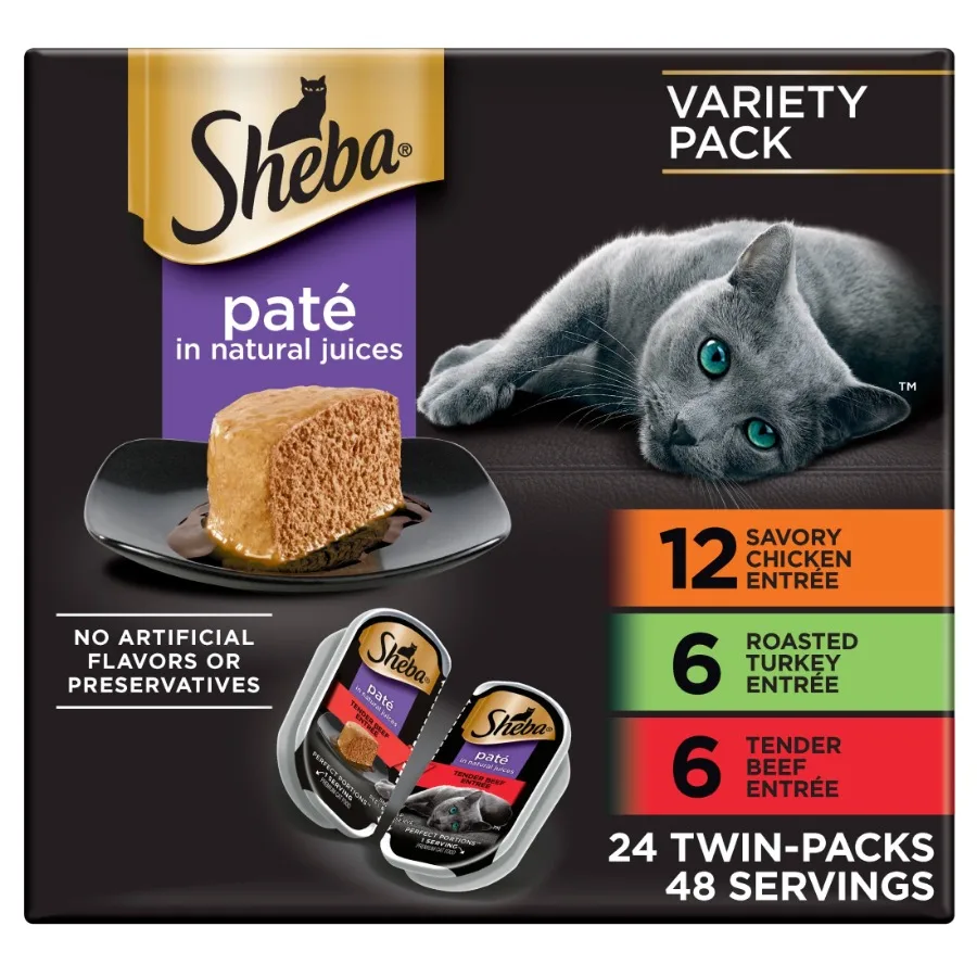 

Perfect Portions Variety Pack Wet Cat Food Pate for Indoor Outdoor Cats, Assorted Flavors, 2.6 Oz Twin-Pack Trays 24 Count,Grai