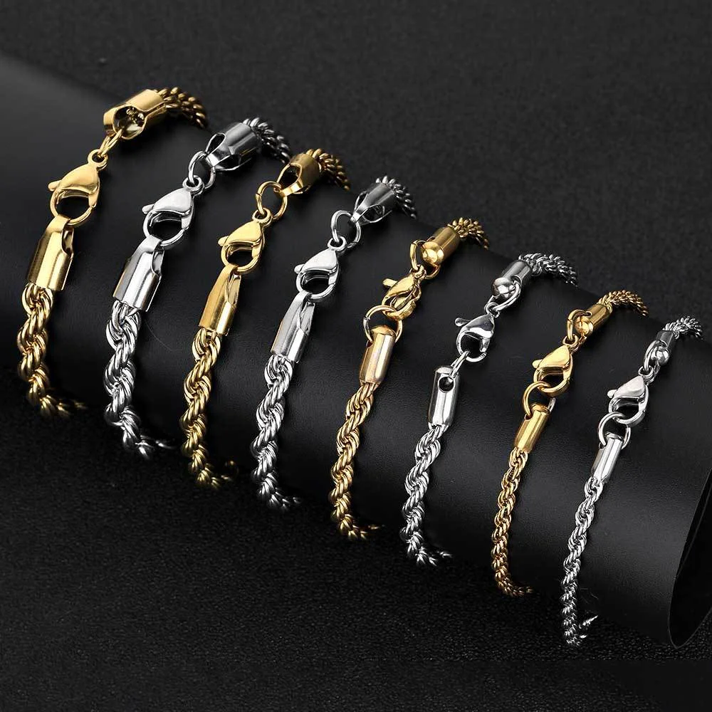 

Stainless Steel Rope Chain Bracelet For Women Men PVD 18k Gold Plated Waterproof Hip-hop Rock Style Length 21cm