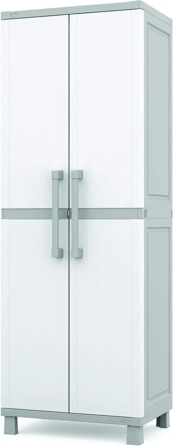 

White & Grey Storage Cabinet with Lockable Doors and 5 Shelves for Home Organization