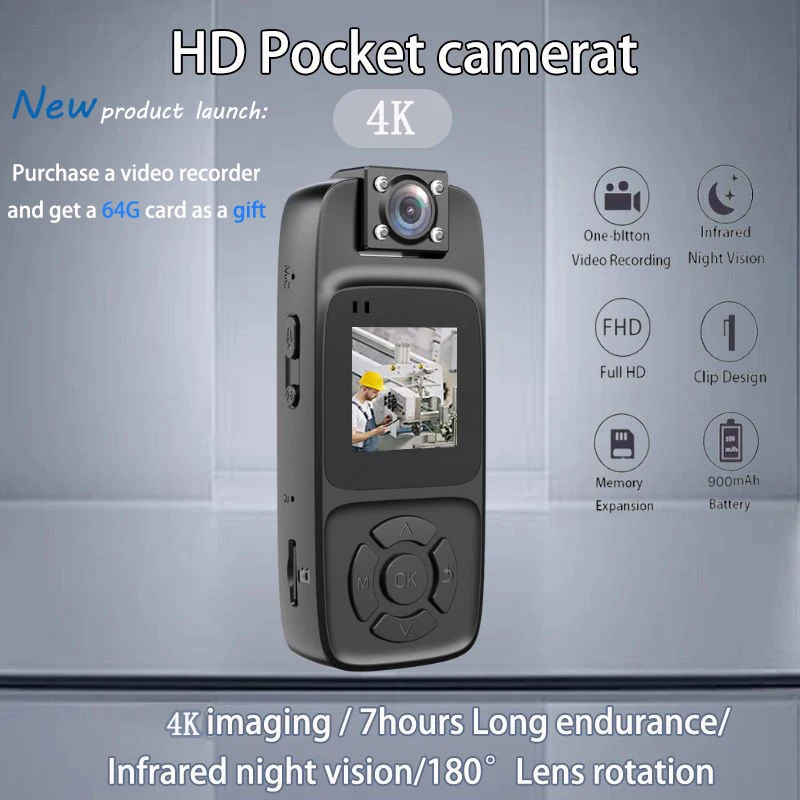 

4K 1080P HD Wifi Mini Camera 180 rotatable lens Handheld Back Clip Law Enforcement Body Camera Smart Portable Camera CarRecorder
