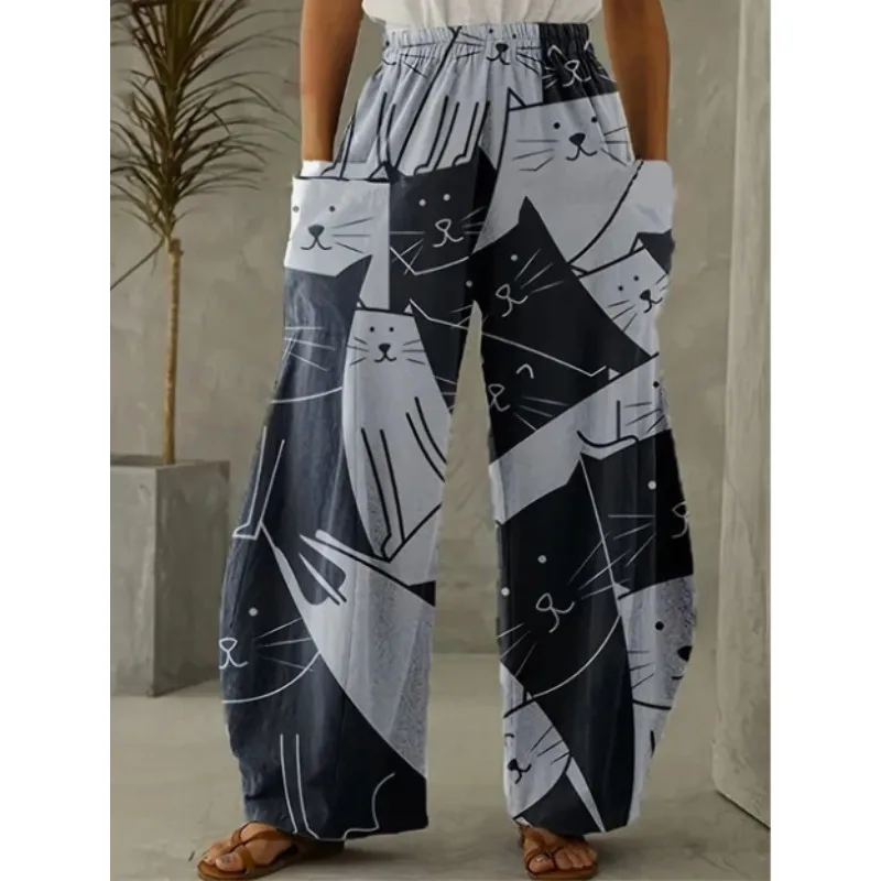 مانديلا القط نمط عارضة السراويل واسعة الساق خمر لطيف الحيوان الصيف السراويل مضحك لينة فضفاضة جيب كبير السراويل النسائية الكلاسيكية