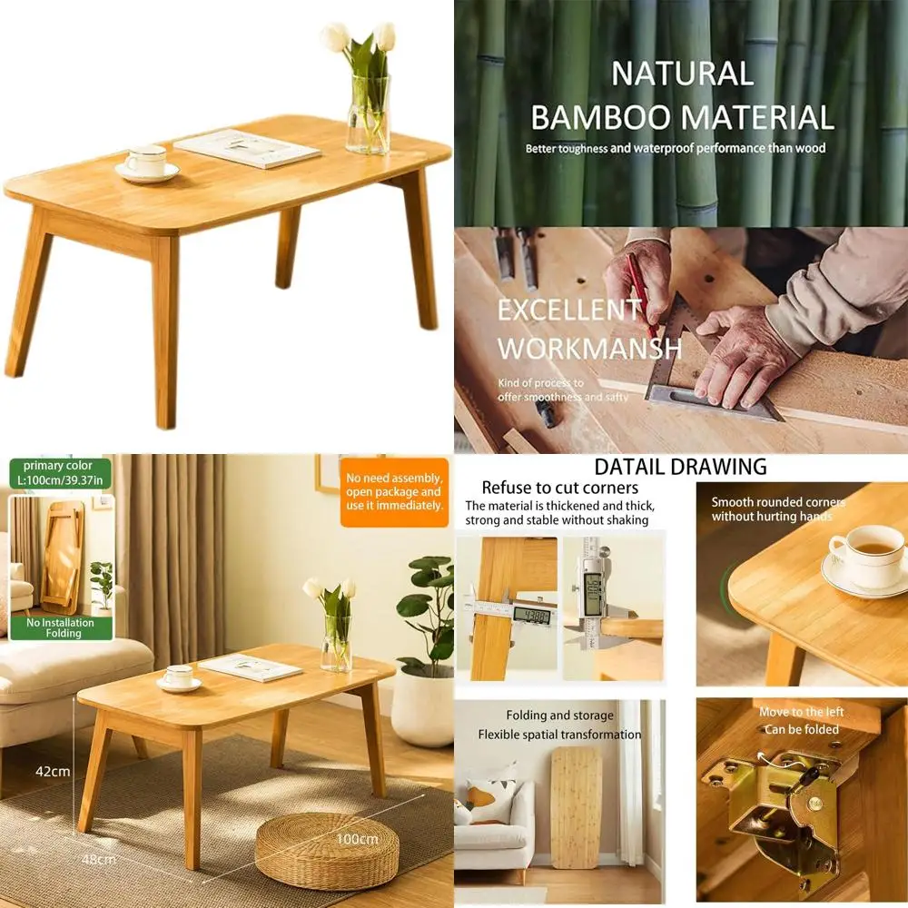 Mid-Century Foldable Coffee Table with Open Shelf, TV Stand, Living Room & RV Use, Natural 39.37IN