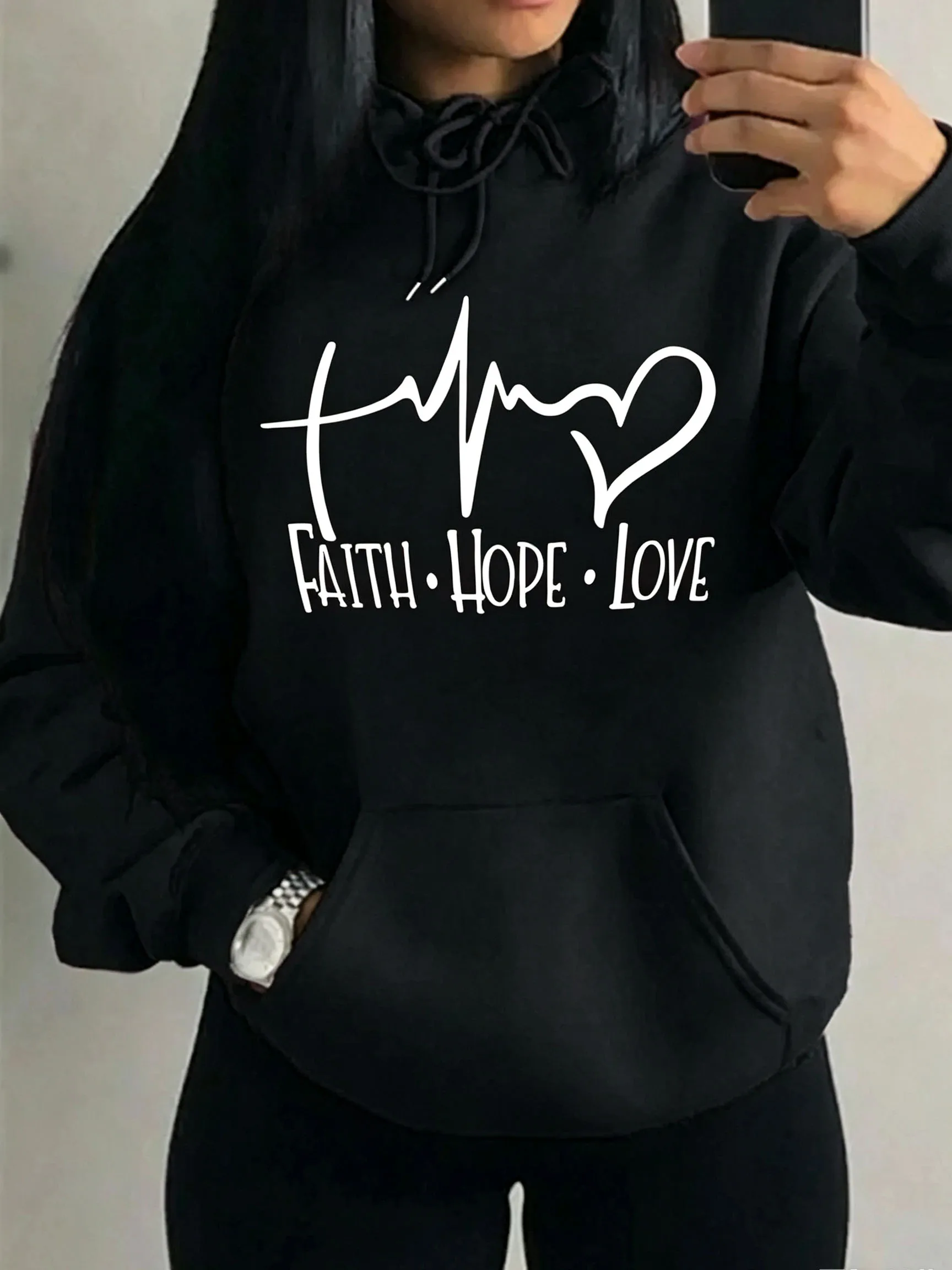 Women Faith Hope Love Heartbeat Graphic Warm Hoodie Casual Long Sleeve Pullover Hooded Sweatshirt Men Tops Couple Streetwear