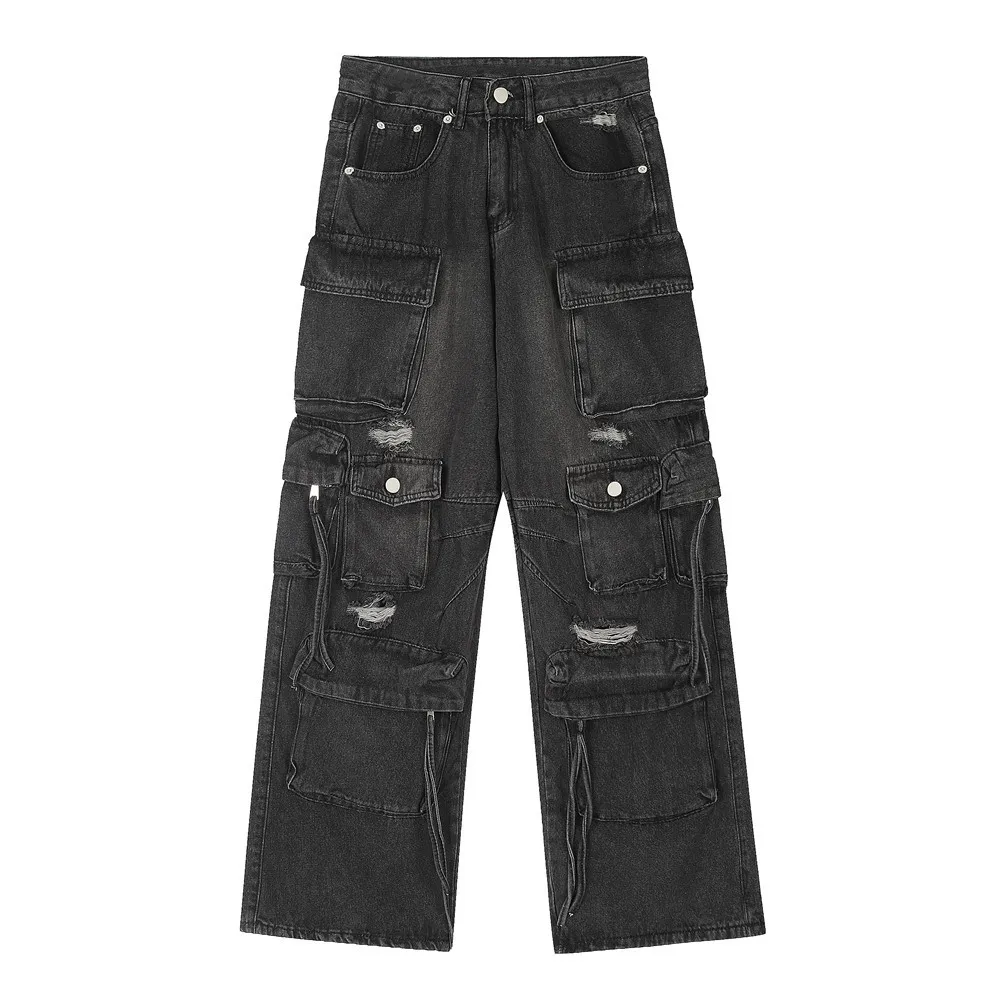 Men's Black Blue Solid Color Casual Trendy Simple Basic Multi Pockets Denim Trousers Vintage Fashion Male Jeans Pants Clothes