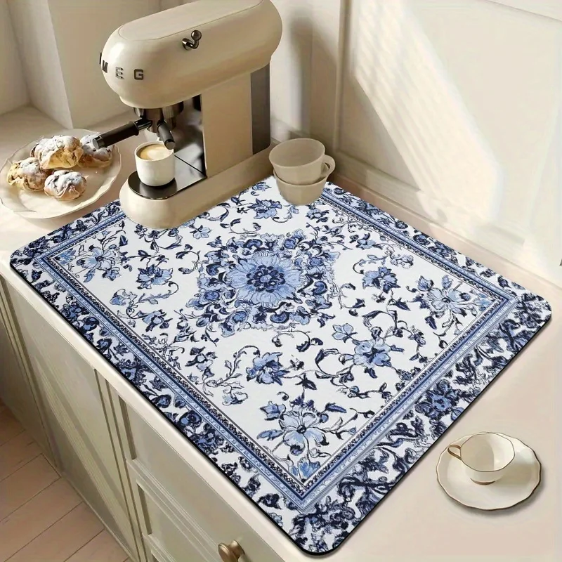 Vintage Blue White Chinoiserie Floral Mat Ornate Border Flower Print Coffee Machine Drying Mat Classic Farmhouse Kitchen Mat
