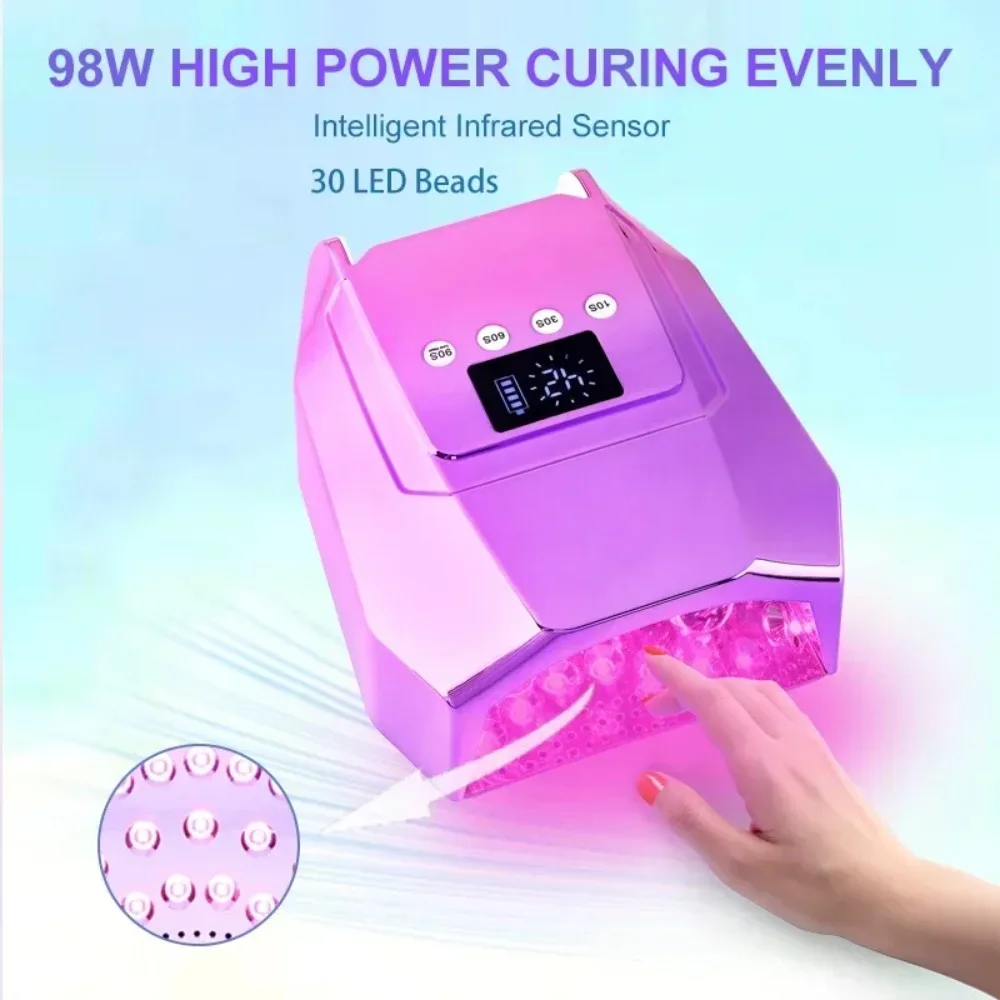 98W Professional Twin Light Durable Cordless Pro Mirror-finish Interior Low Heat Model Rechargeable Gel Dryer UV LED Nail Lamp
