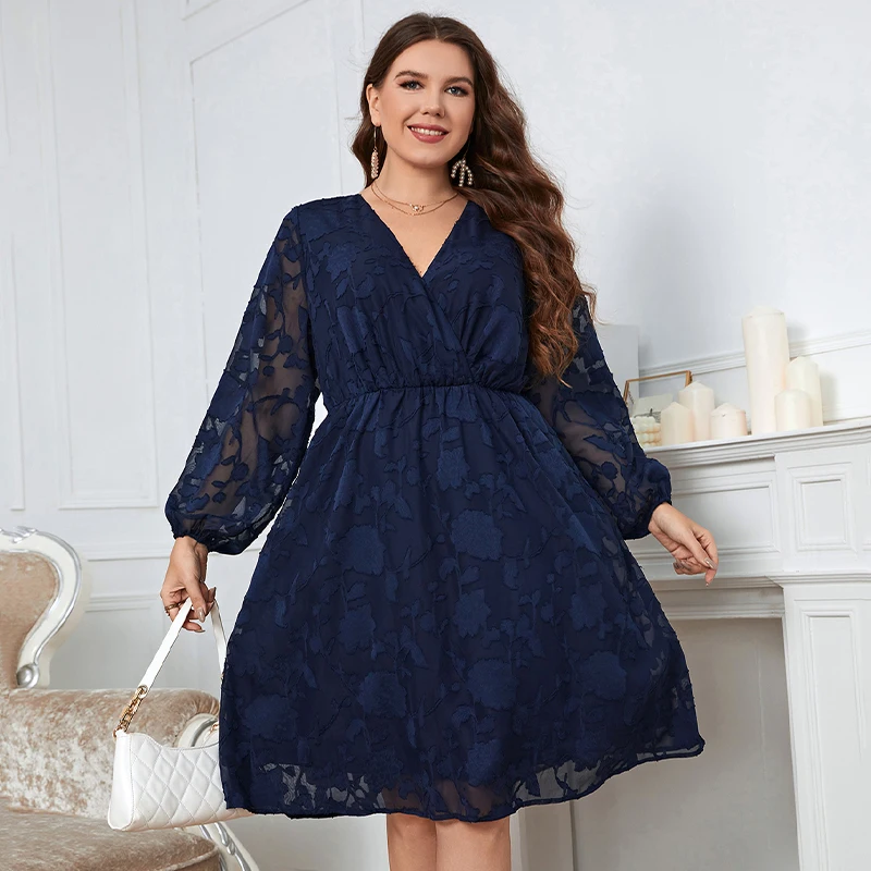 Della Mel Plus Size Elegant Women\'s Dresses for Party 2022 Sexy Lace See-Through Long Sleeve Blue V-neck Casual Large Size Dress