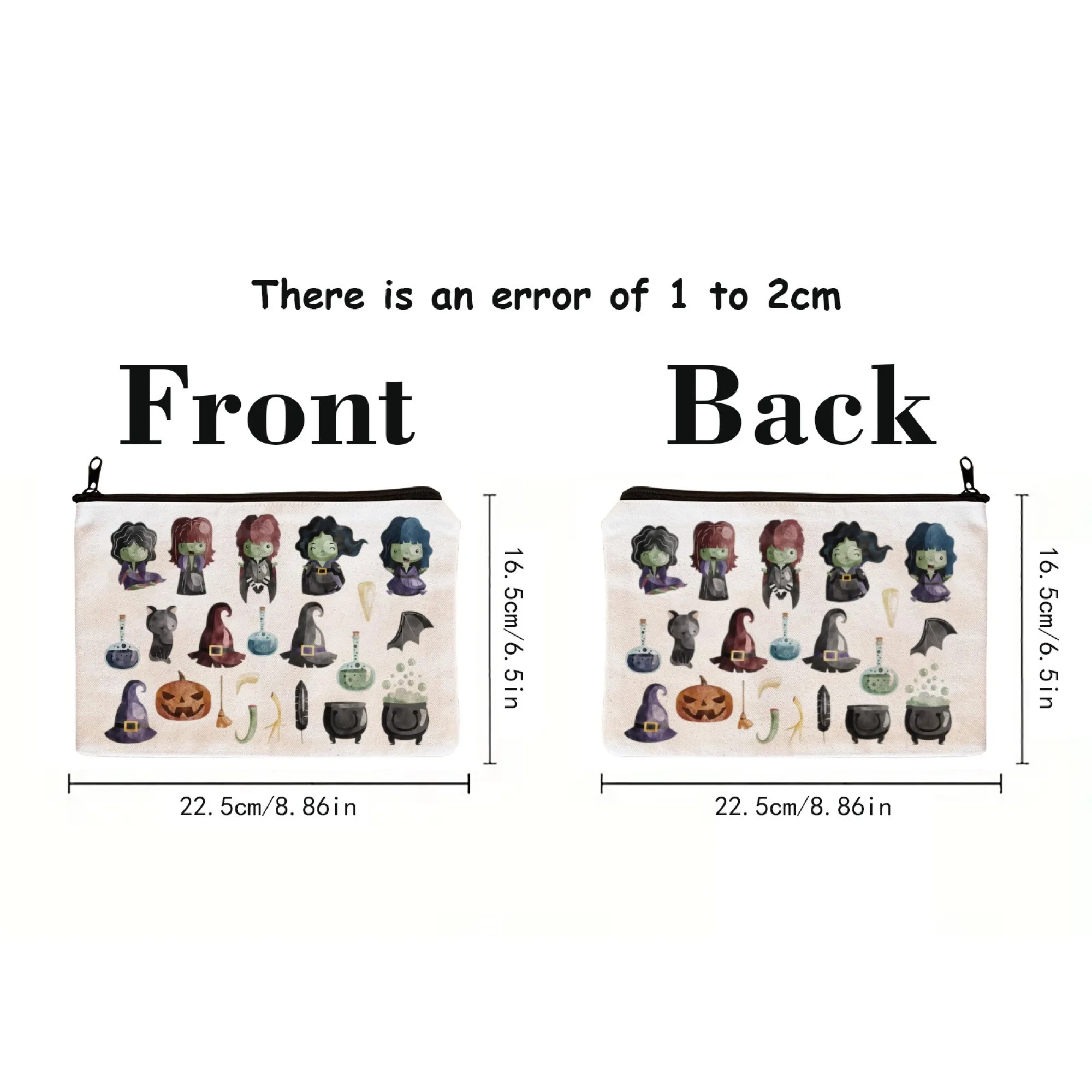 Borsa per cosmetici in tela a tema Halloween, personaggi classici delle streghe, pozioni, cappelli da strega, caldeffer di zucca, accenti per gatti, leggeri