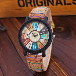 Retro Wood Grain Women's Quartz Watch Color Block Fashion Analog PU Leather Wristwatch Relogio Masculino