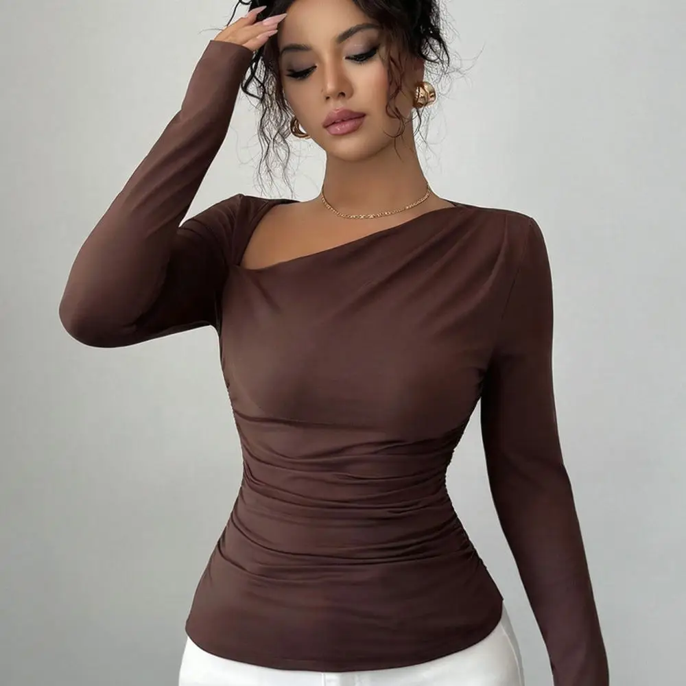 Sexy Women Long Sleeve Tee Asymmetrical Neckline Ruched Slim Fit Pullover Casual Chic Top Elegant Fashion Versatile Blouse