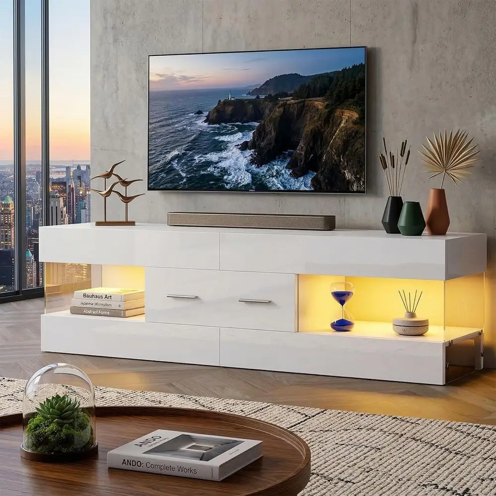 Soporte para TV de 65 pulgadas, blanco, centro de entretenimiento LED | Mueble para TV de hasta 65 pulgadas, blanco brillante con acabado en piedra, gran capacidad de almacenamiento