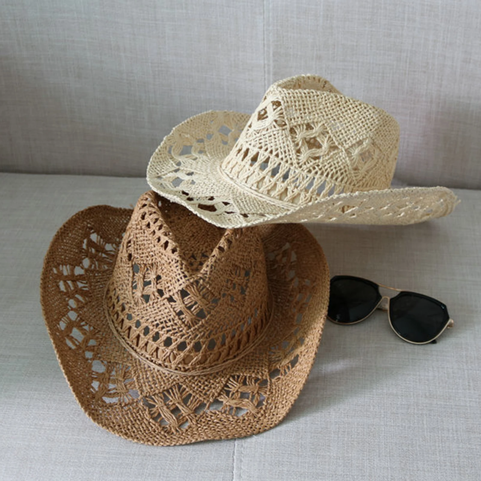 5pcs Fashion Hollowed Handmade Cowboy Straw Hat Women Men Summer Outdoor Travel Beach Hats Unisex Solid Western Sunshade Cap