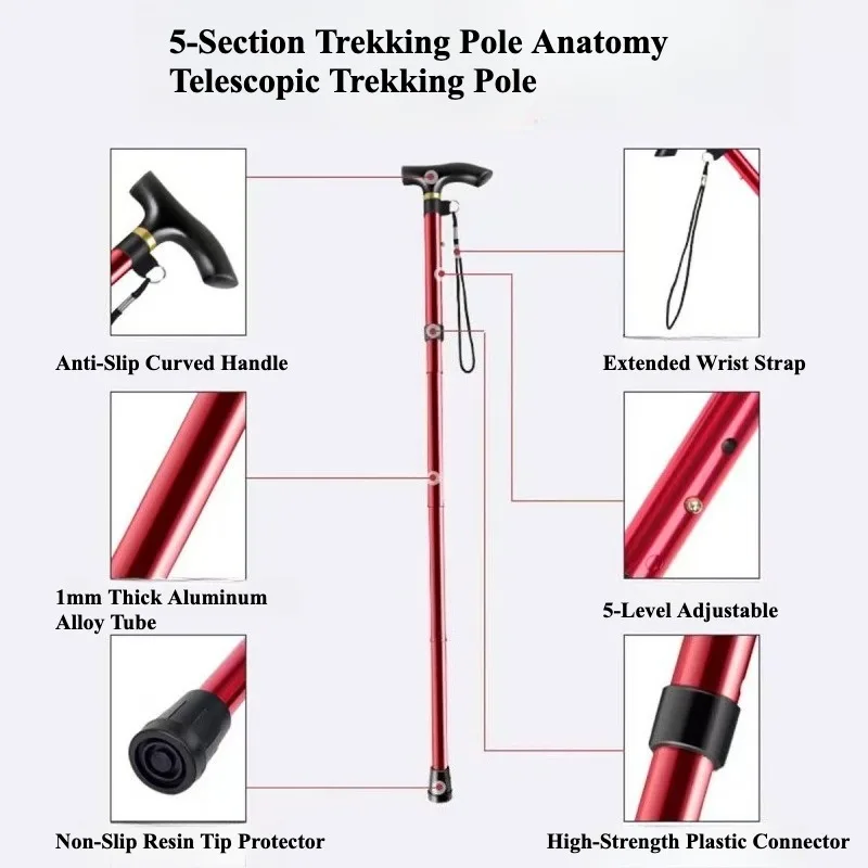 Foldable Trekking Pole Lightweight Aluminum Alloy Walking Stick Collapsible Hiking Multifunctional Adjustable Telescopic Pole