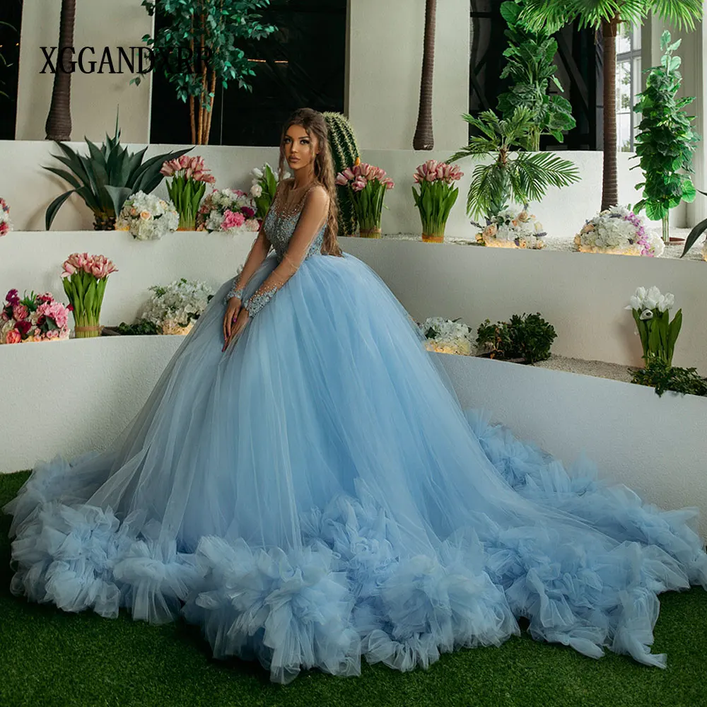 In Fahion Sky Blue Quinceanera Dress 2024 Long Sleeves Mexican Vestido De 15 Años Sweet 16 Dress Backless XV Birthday Prom Gown