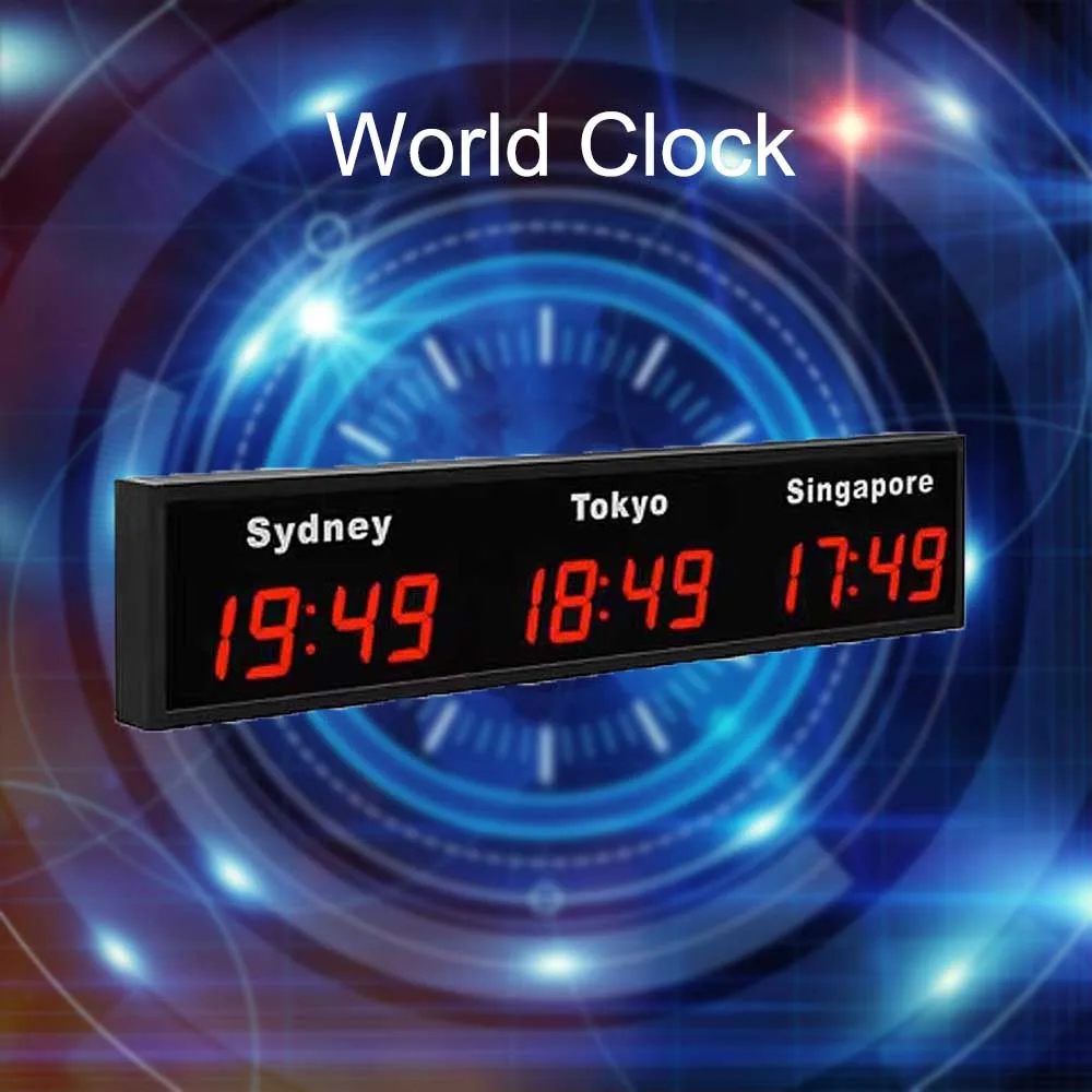 LED Digital Wall World Clock for Hotels, 3-Time Zone, World Time Clock