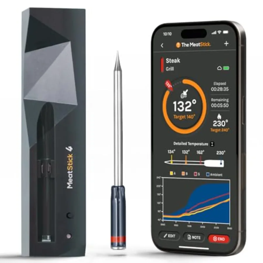 

Беспроводной термометр MeatStick 4 Smart с 4 датчиками и Bluetooth, дальность действия до 50 метров на улице; намного меньше 50 метров в помещении