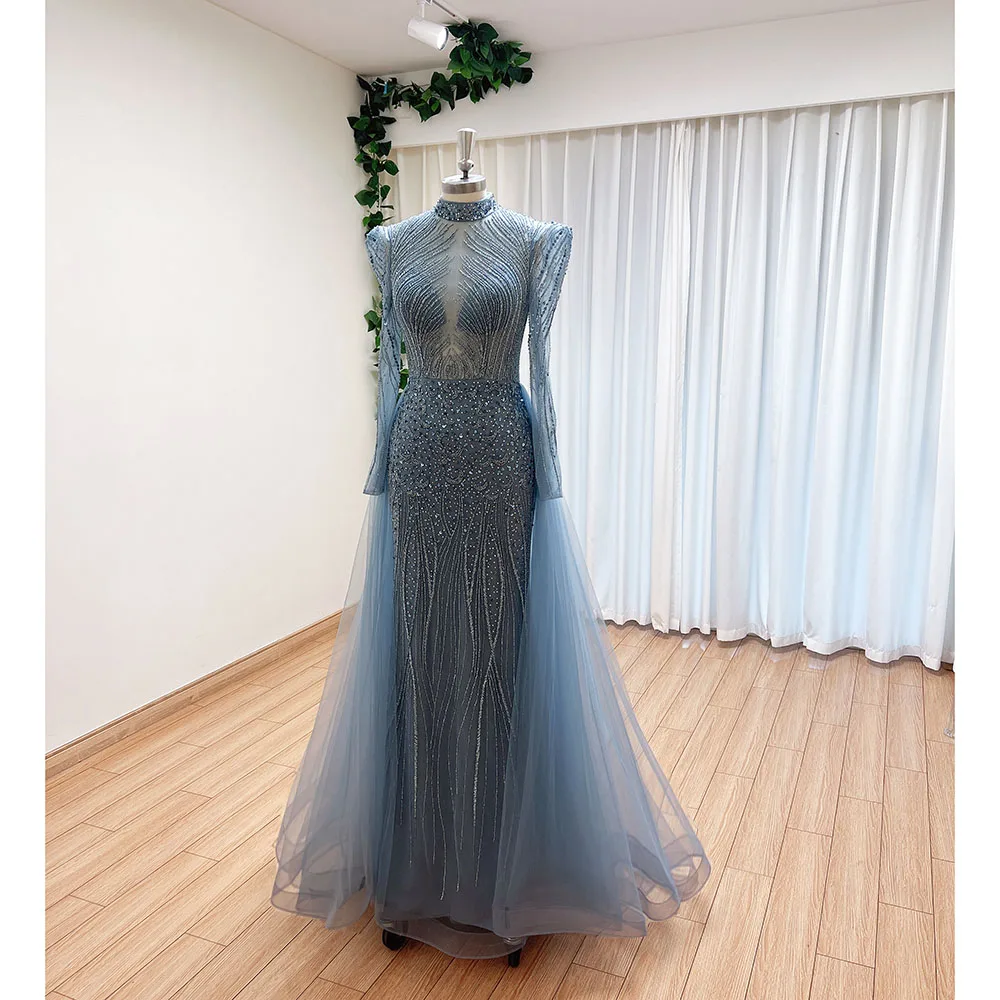 Elegant Muslim Evening Dress for Women 2024 Luxury Dubai High Neck Long Sleeves Beads Formal Prom Wedding Party Gowns Customized