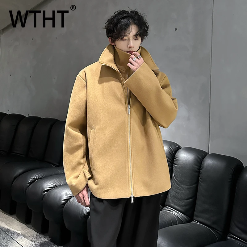 

WTHT Trendy Men's Solid Color Fake Two-pieve Design Coats Fashion Korean-style Stand Collar Jackets Male 2025 Autumn 2A2186