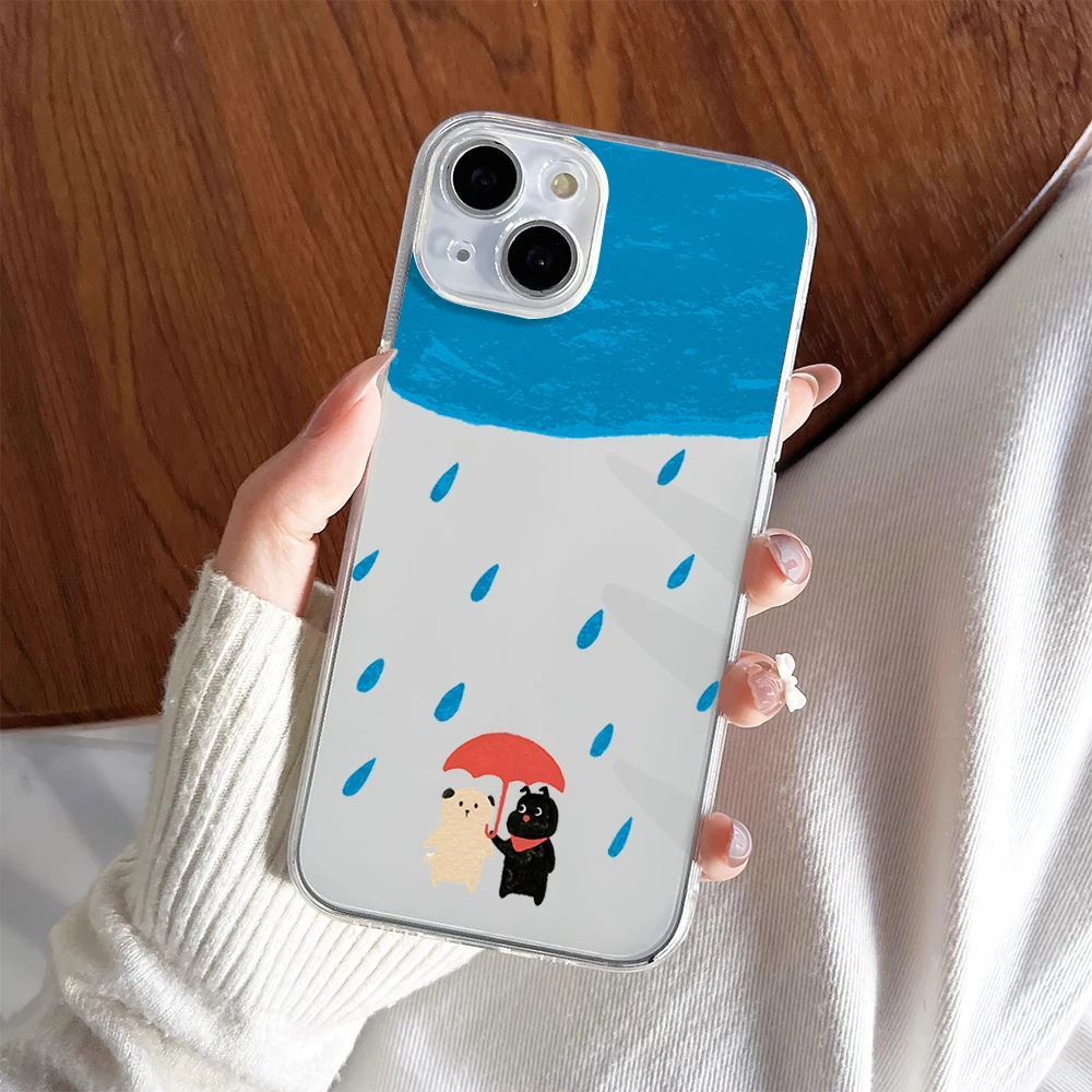 Cartoon Rainy Day Umbrella Dog Cute Phone Case For iPhone 11 13 16 15 14 12 Pro Max Plus Clear Transparent Soft Shell