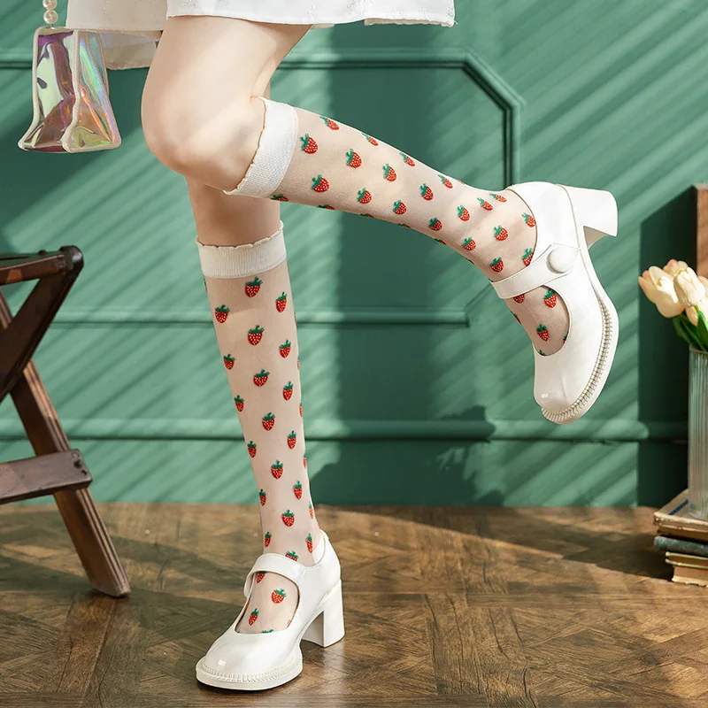 Summer Thin Women Stockings Ultra-thin Transparent Crystal Silk Long Socks Sweet Girls Cartoon Cute Fishnet Stockings Knee Socks