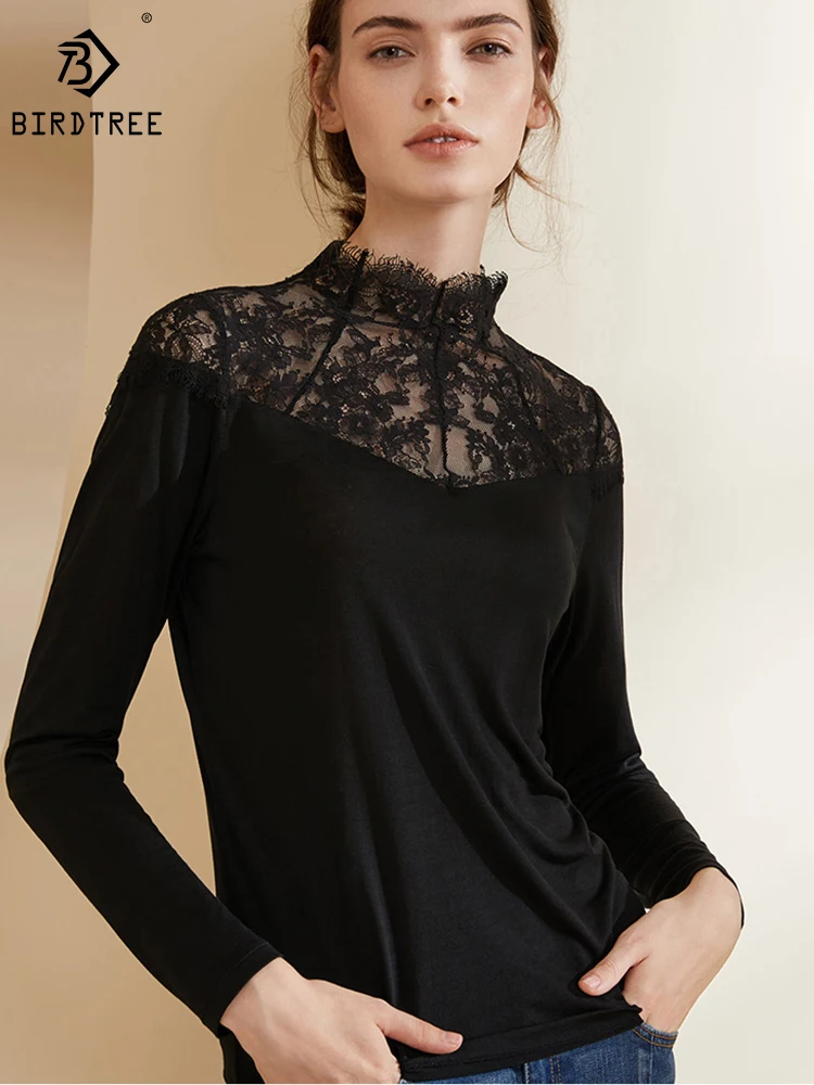 BirdTree 100%Real Silk Lace Base Layer,High Neck Solid Comfortable,Simple Versatile Commute Base Layer,2024 Spring P42163QD