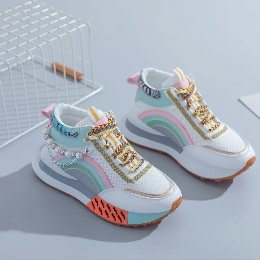 Trendy Pearl Platform Dad Shoes Niche Fashion Rainbow High Top Sneakers Popular Versatile Outdoor Sports Casual Walking Shoes view 2
