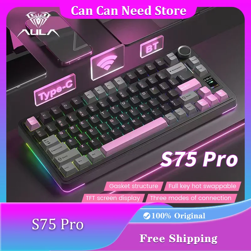 

Механическая клавиатура AULA S75 Pro, три режима, 75% горячая замена, RGB-подсветка, 4000 мАч, колпачки для клавиш из ПБТ, игровая клавиатура с ручкой ЖК-экрана