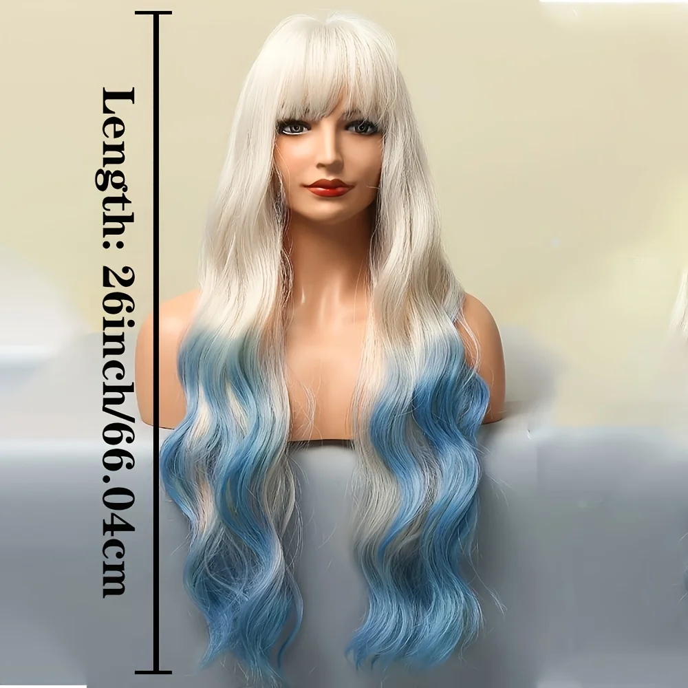 شعر مستعار طويل أومبير أزرق بطول 26 بوصة مع غرة - موجة جسم مقاومة للحرارة 100% كثافة للحفلات اليومية قطعة شعر أنيقة من الأبيض إلى الأزرق متدرجة #5