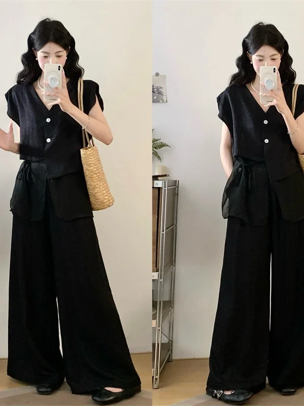 

Elegant Summer Outfit Women's Black Lace Splice V-neck Tank Top Loose Wide Leg Pants Two-piece Set Breathable Comfortable