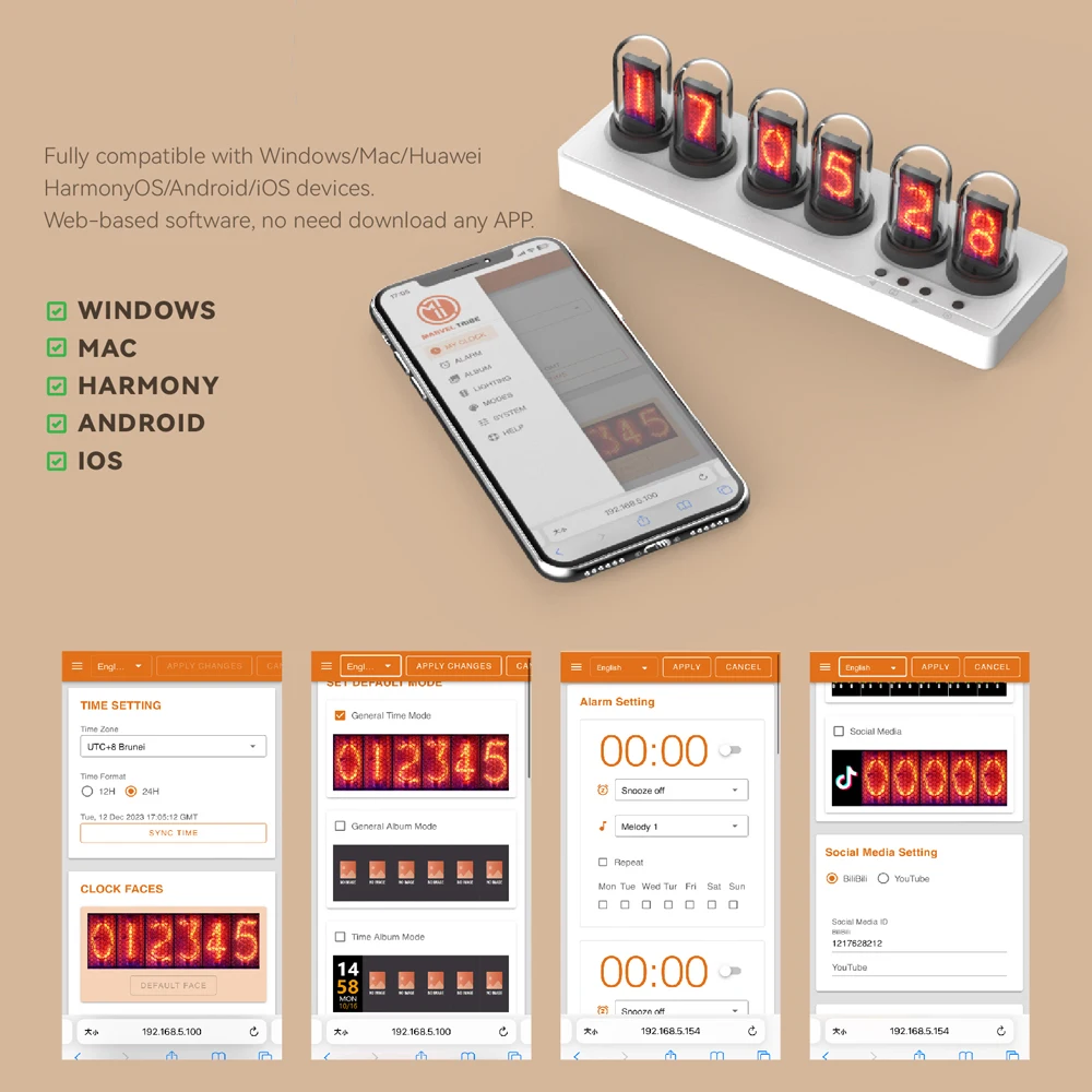 IPS Nixie Tube Alarm Clock with Colorful RGB Lights for Game Room Decoration. DIY Clock Faces and Pictures for Gift Idea