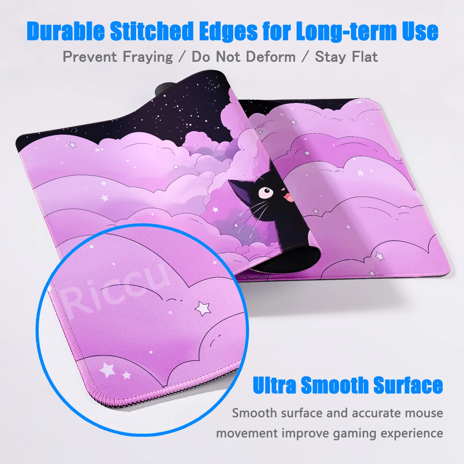 XXL Black Cat Kawaii Gamer Mouse Pad 400x900mm Locking Edge Keyboard Desk Mat Gaming Accessories Pink Cute Cloud Tapis De Souris