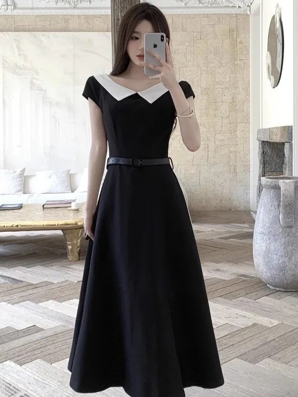 Emagrecer A-Line Dr com cintura plissada e gola em cores contrastantes para mulheres verão coreano Sle Commute ort Sve Lon...