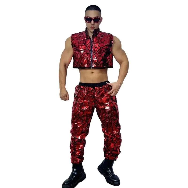 メンズシルバーレッドレーザーシークインベストパンツセット、ヒップホップジャズダンスコスチューム、歌手、ダンサー、ナイトクラブ、カーニバルパーティー、ステージ衣装