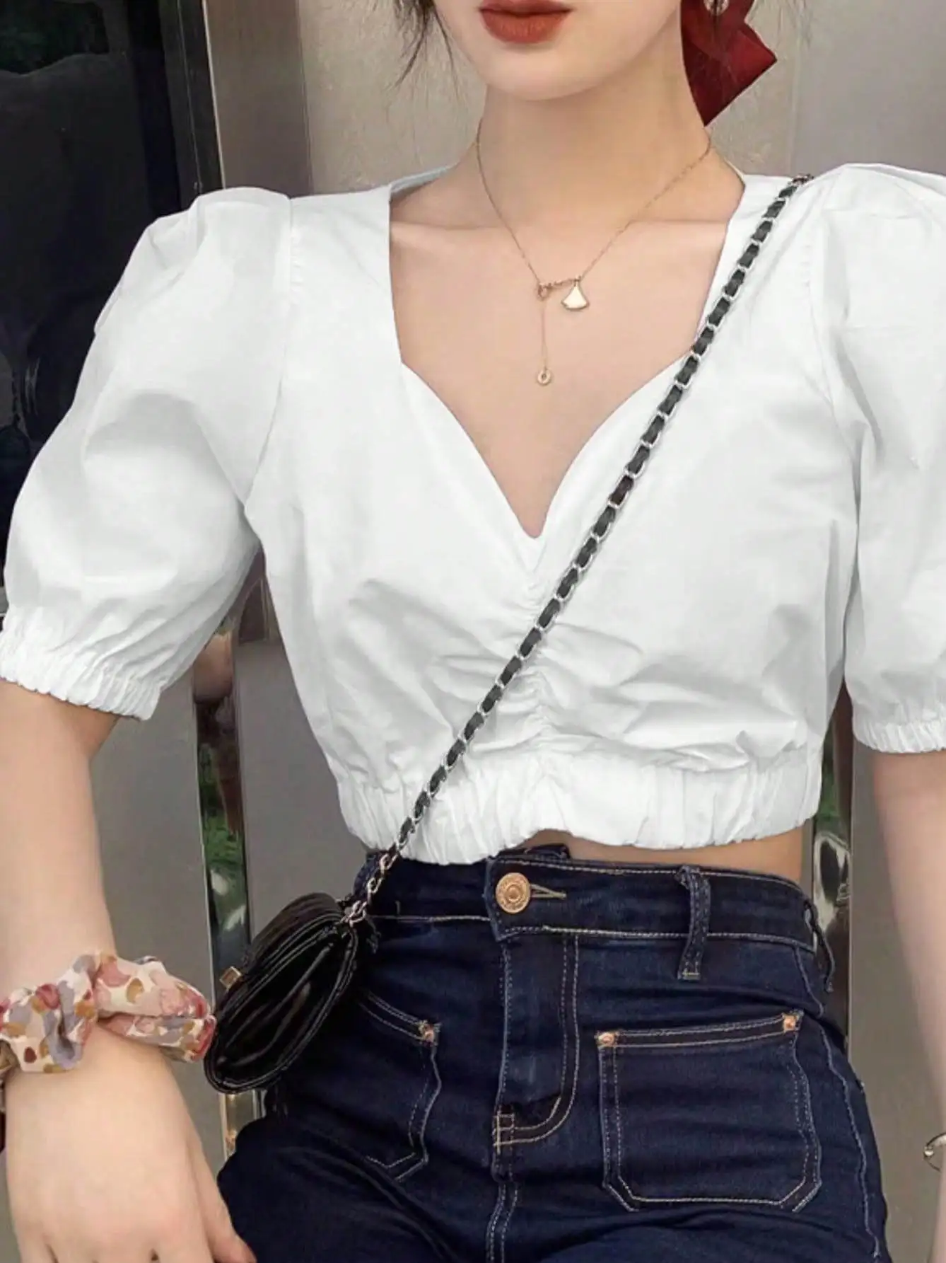 

Ele Deep V Women's irt Summer Trendy ort Waist-Cut Tea Flavor Special irt French Sle Pure Color Bubble Sve