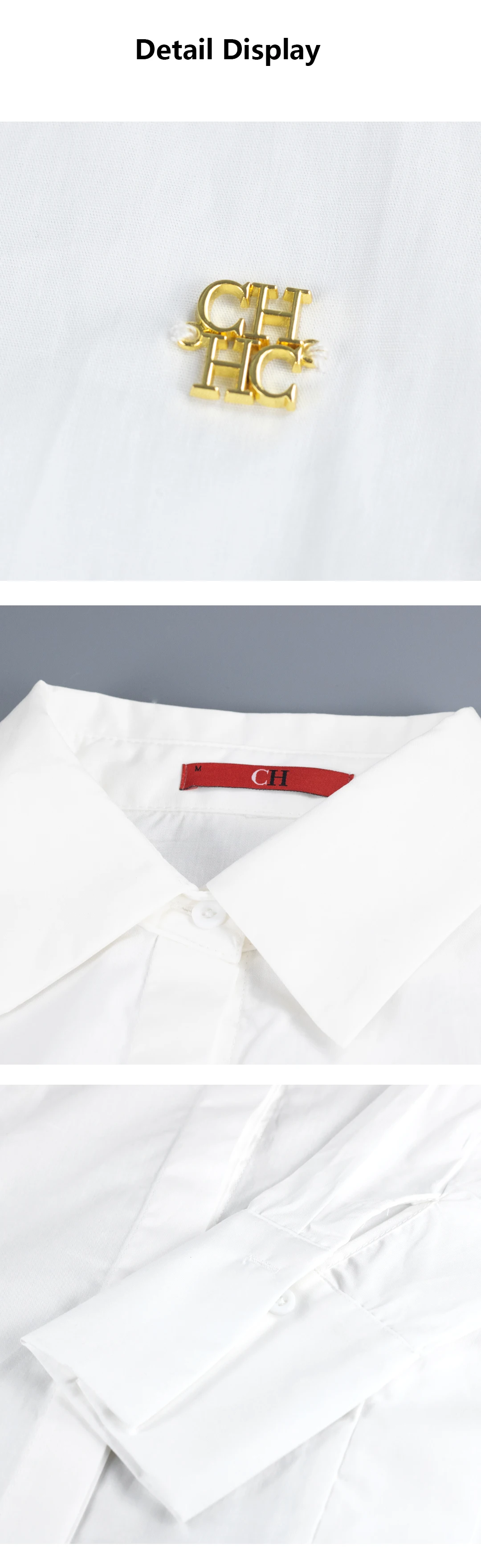 CH Metall-Logo Langarm-Hemd für Damen Locker Sitzend Spitzkragen Strukturierte Schultern Premium-Stoff Büro Casual Oberteile – Detail 9