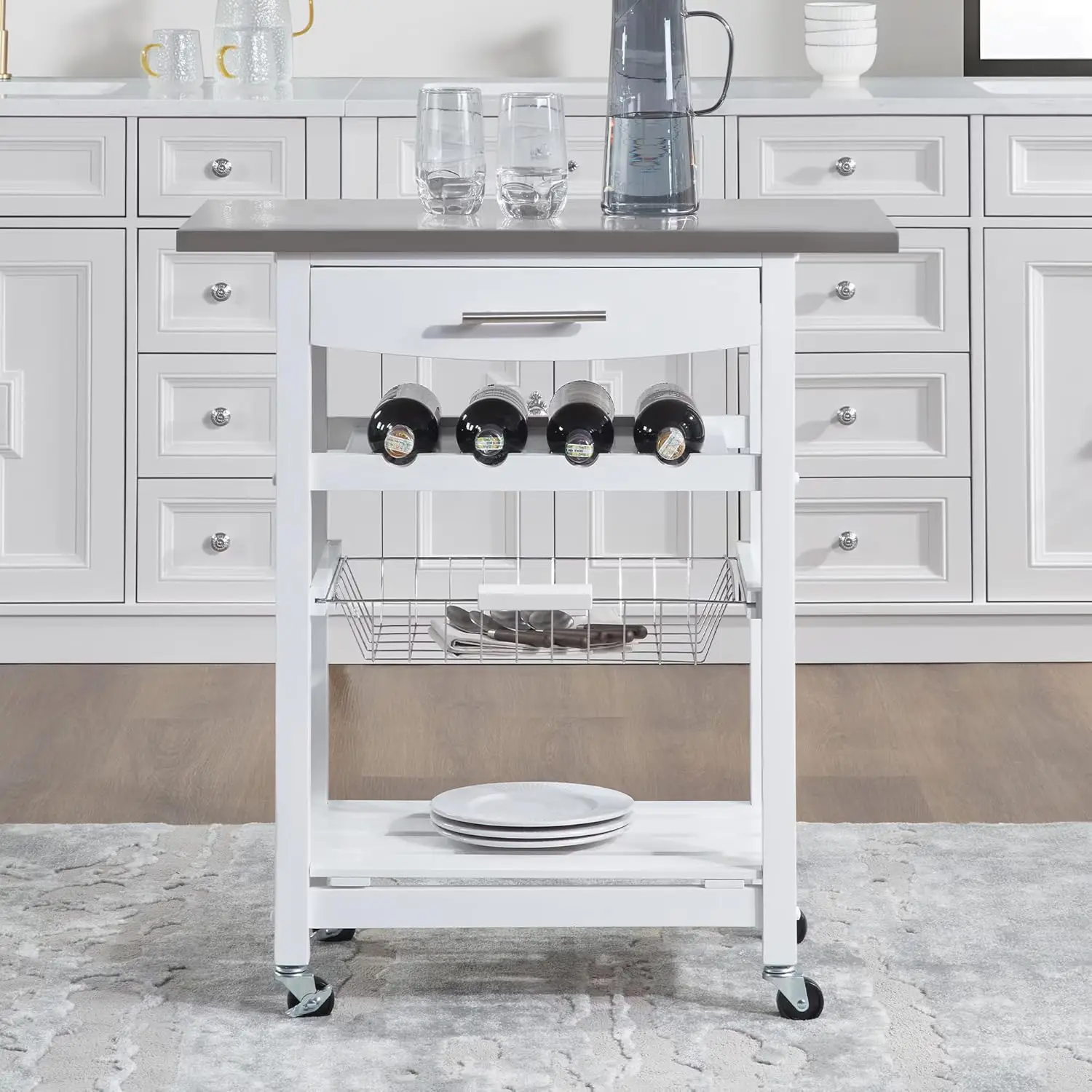 

Mobile Rolling Kitchen Island Trolley Serving Cart With Underneath Drawer & Slide-Out Wire Storage Basket, Customized