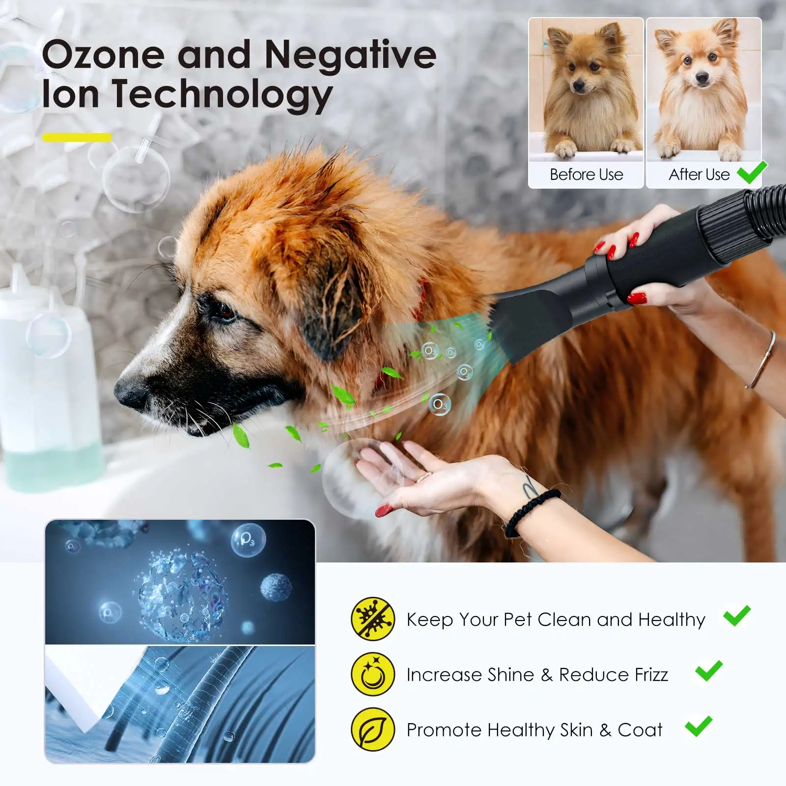 2800W Pet Dog Blow Dryer Adjustable Speed Temperature Control with 4 Nozzles and Extendable Hose for Pet Hair Grooming