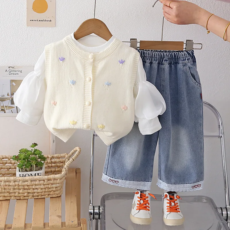 Spring Clothes for Kids Girls 3 Piece Set 2026 Korean Fashion Floral Sweater Vest + White Tops + Jeans New Baby Girl Outfits