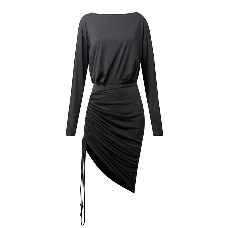 Sexy Slanted Shoulders Latin Dance Dress Women Black Long Sleeves Latin Dance Costumes Adults Latin Practice Dresses SL7587