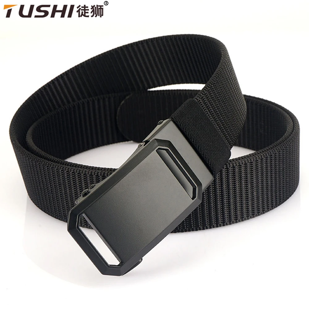 TUSHI New Golf Sports Elastic Belt For Men Tactical Belt Metal Automatic Buckle Tough Stretch Nylon Canvas Hiking Military Belt