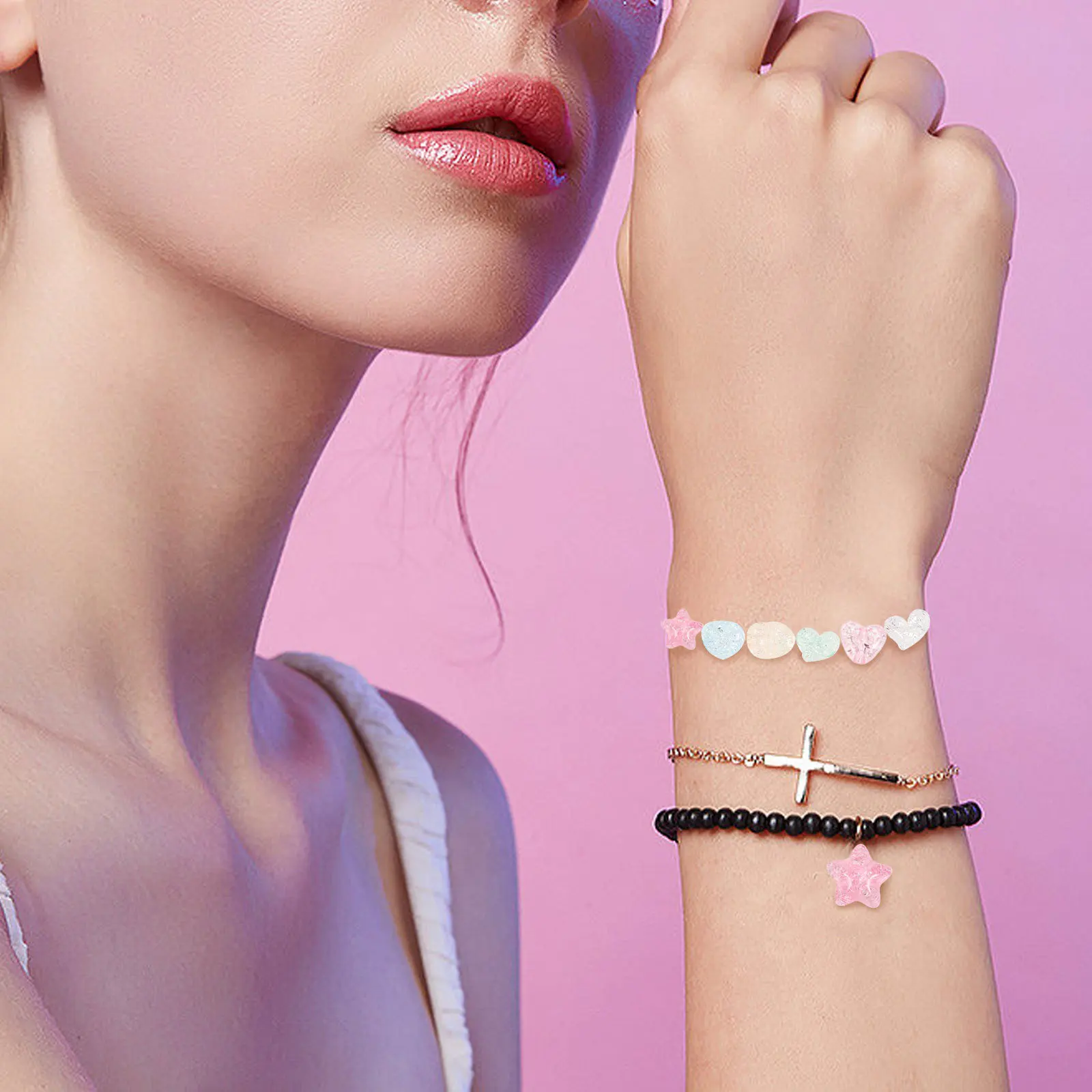 

150Pcs Mixed Heart Star Shaped Glitter Beads for DIY Bracelet Making Jewelry Craft Kits Kids Adult Handmade Projects