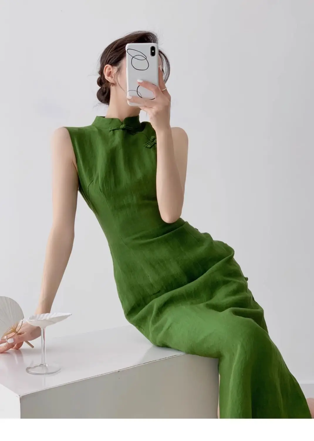 2025 Vintage Natural Literature Art Dress Chinese Style Daily Improved Leisure Qipao Sexy Sleeveless Waist Cinching Slit Qipao