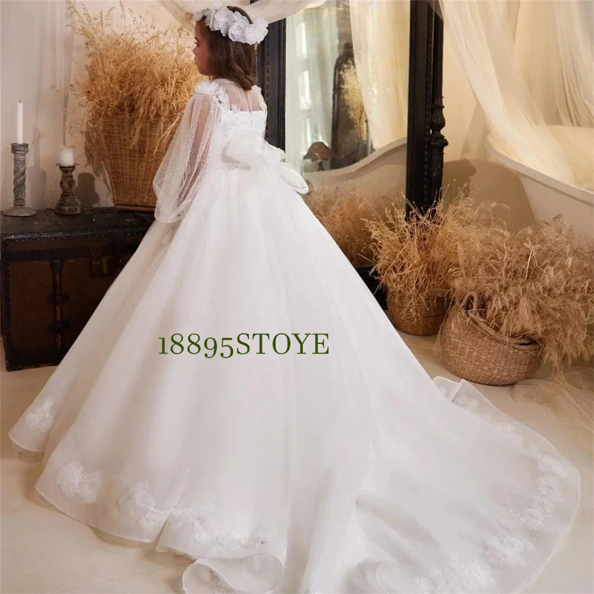 

Flower Girl Dress For Wedding Full Sleeve Tulle Lace With Bow Applique White Elegant Child First Eucharistic Birthday Party Gown