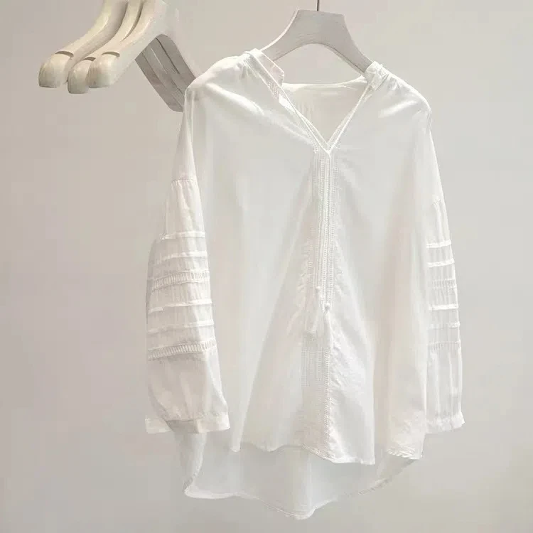 

2025 Women's white shirt boho chic shirts French style v neck pure cotton blouses for women tops boho clothing