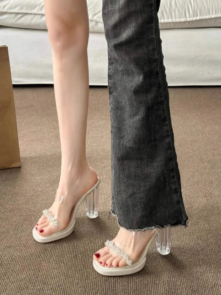 

Женские летние уличные сандалии на высоком каблуке с кристаллами Thi Heel Transparent oes Faionable Корейские сандалии с бриллиантами