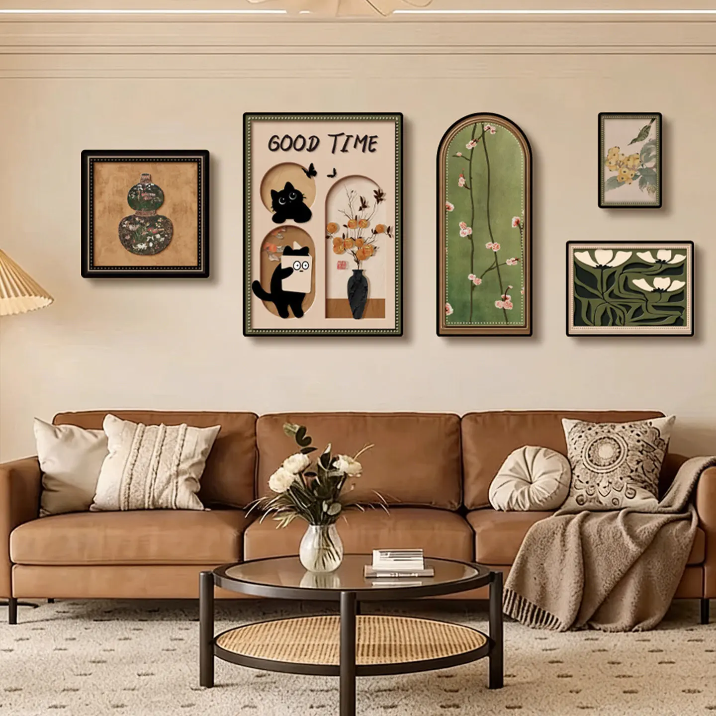 French antique style living room decorative painting high-end niche art sofa background wall hanging cat combination mural