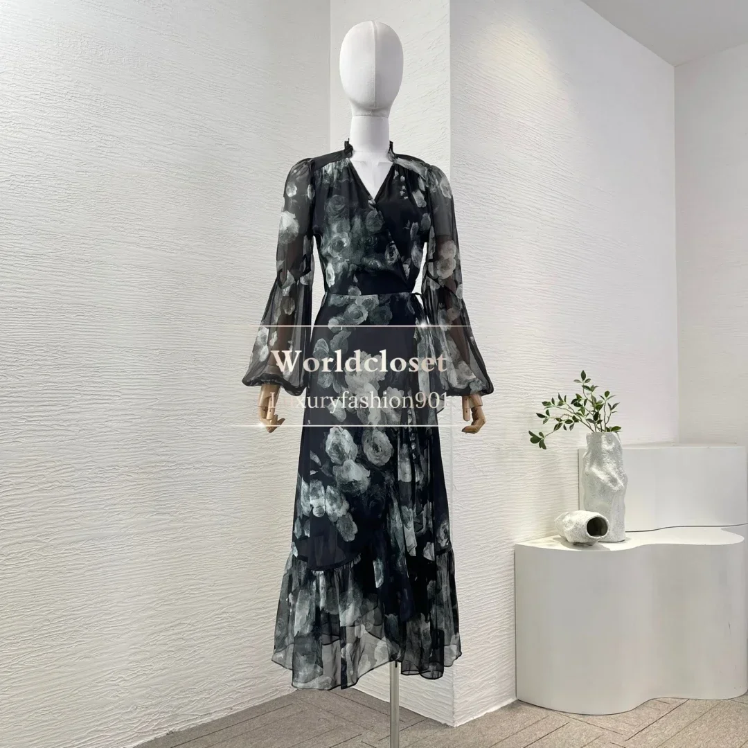 

High Waist Midi Wrap Dress 2025 New Beautiful Black Ink Rose Print Long Sleeve Pleat See Through